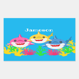 Kids Yellow Shark & Family Birthday Celebration Rectangular Sticker