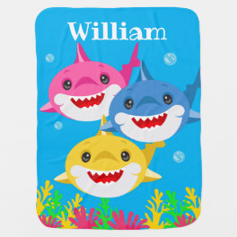 Kids Yellow Shark & Family Personalized Baby Blanket