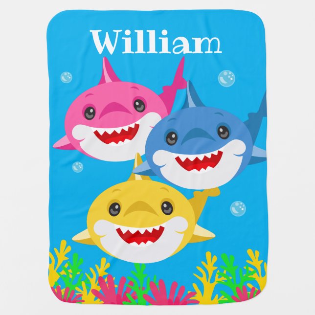 Kids Yellow Shark & Family Personalized  Baby Blanket (Front)