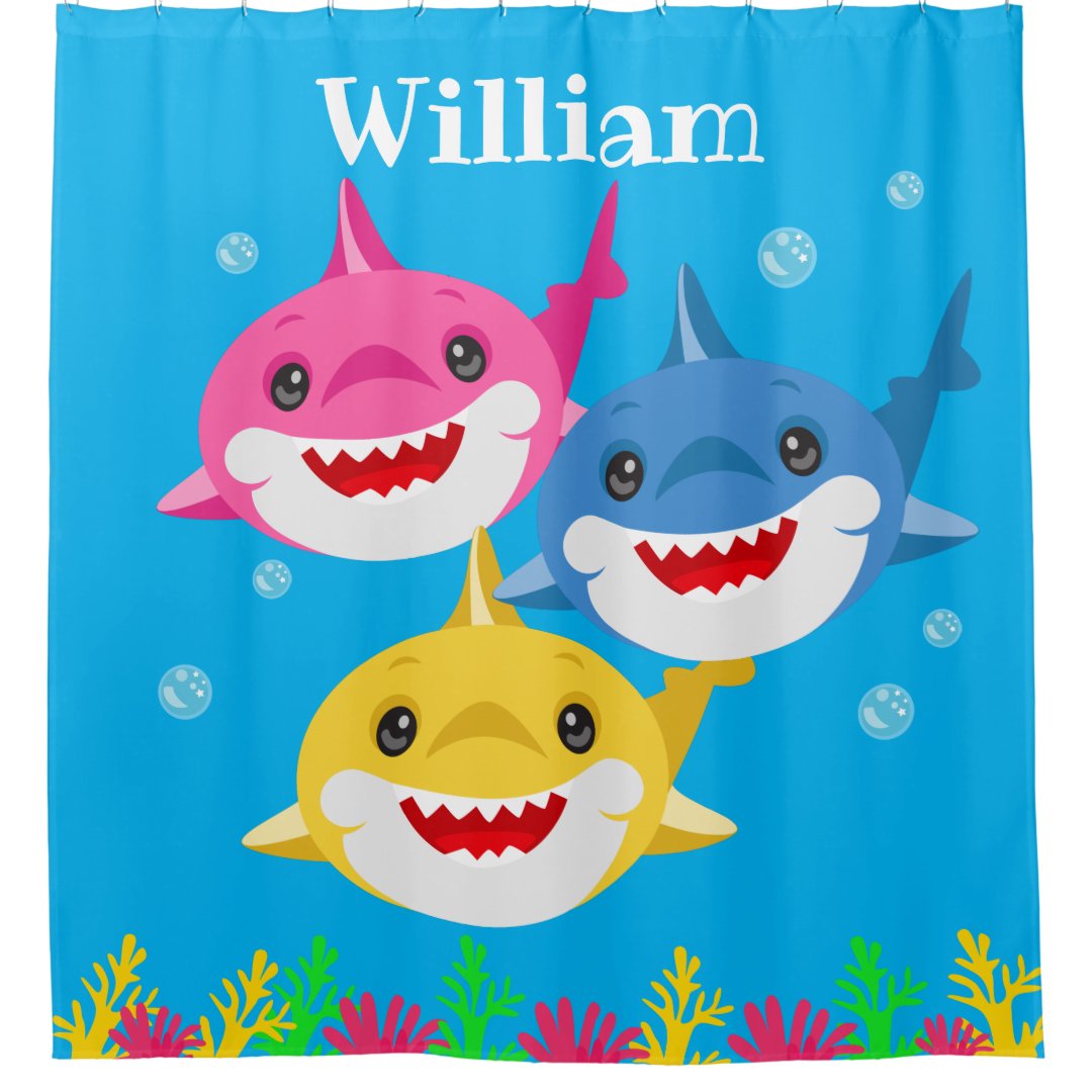 Kids Yellow Shark & Family Personalized Shower Curtain | Zazzle