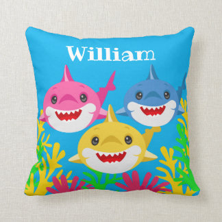 Kids Yellow Shark & Family Personalized Throw Pillow