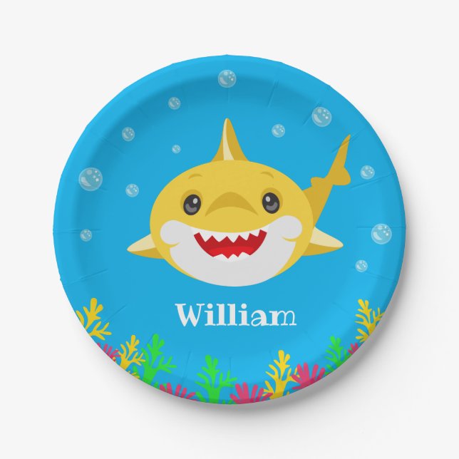 Kids Yellow Shark Personalized Birthday Paper Plates (Front)