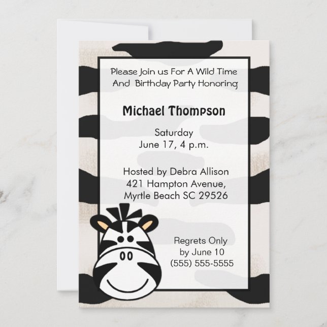 Kids Zebra Birthday Party Invitation (Front)