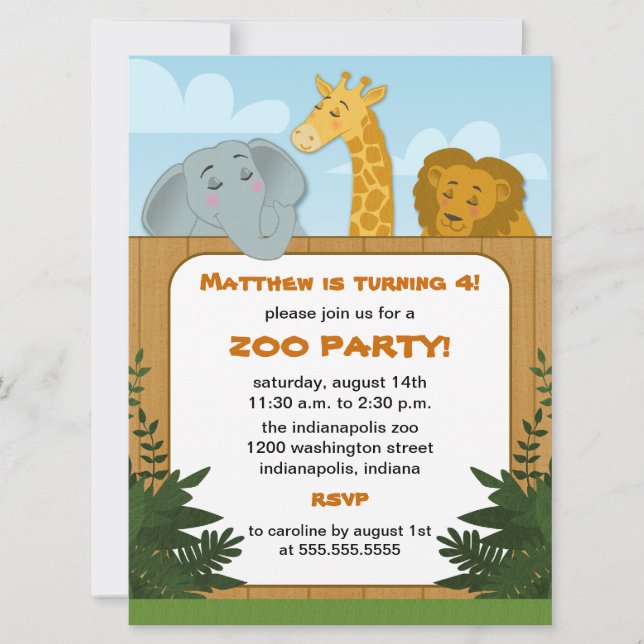 Kids Zoo Birthday Party Invitations (Front)