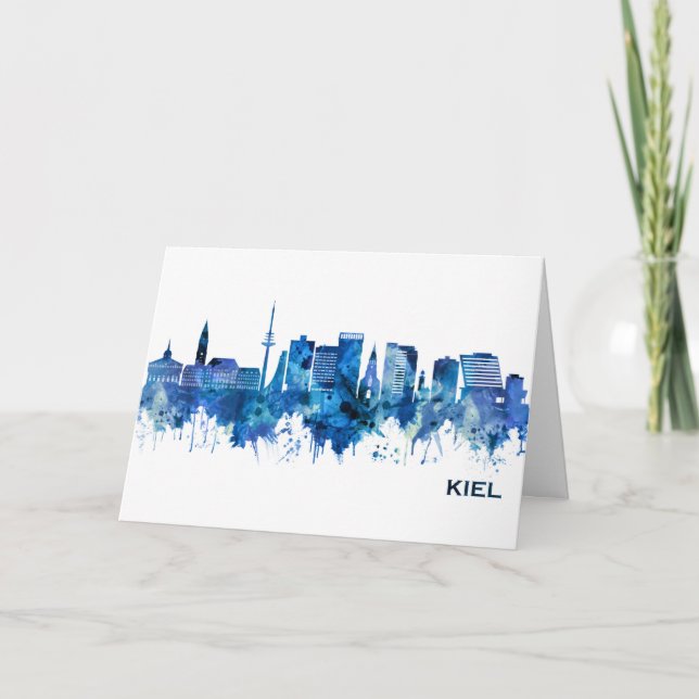 Kiel Germany Skyline Blue Holiday Card (Front)