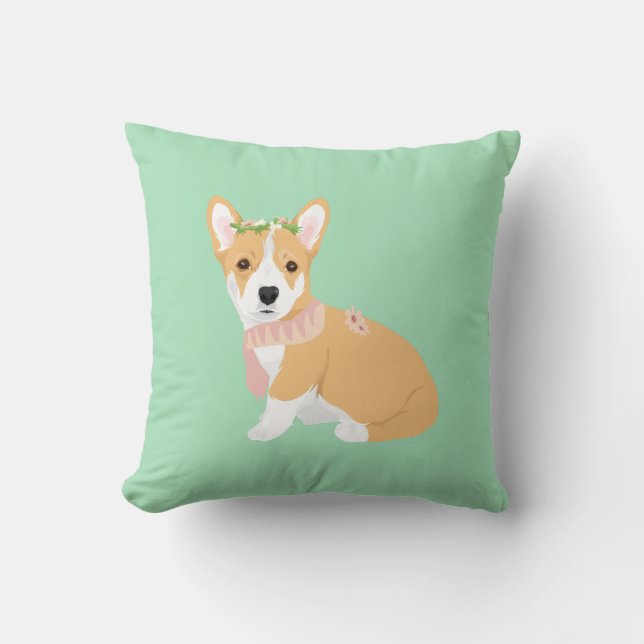 Kiki The Pretty Corgi with Pink Shawl Throw Pillow (Front)