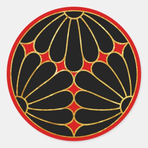 Kiku Chrysanthemum Mon faux gold black on red Classic Round Sticker