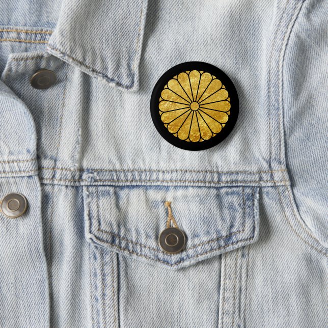 Kiku Chrysanthemum Mon faux gold on black Button (In Situ)