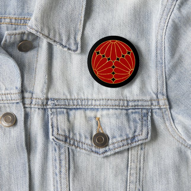 Kiku Chrysanthemum Mon red and faux gold Button (In Situ)