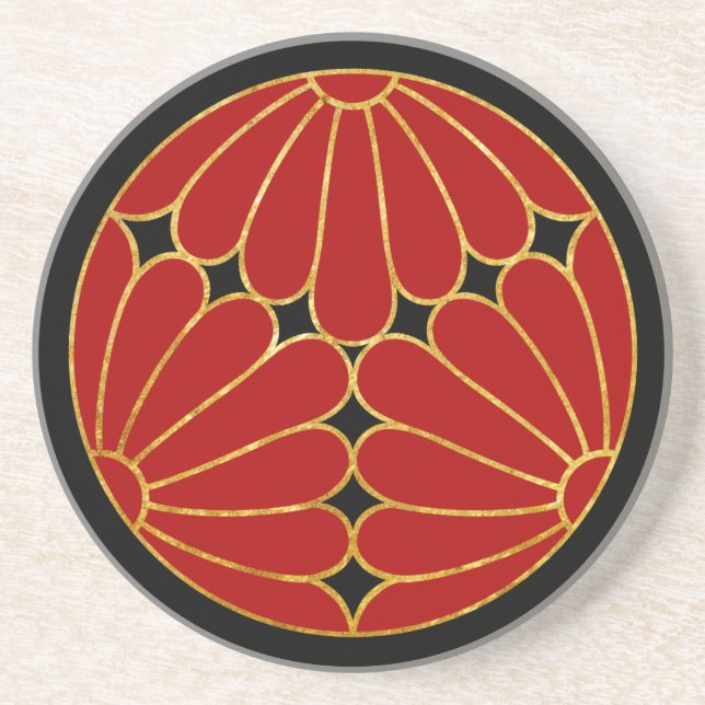 Kiku Chrysanthemum Mon red faux gold on black Sandstone Coaster (Front)