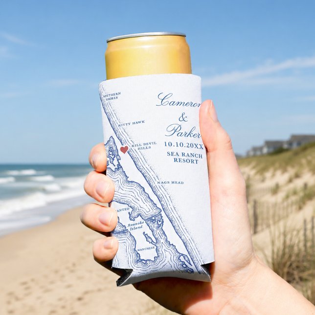 Kill Devil Hills Map OBX Navy Blue Wedding Favor Seltzer Can Cooler (Sea Ranch Resort OBX Kill Devil Hills Map Wedding Favor Can Coozie from Coastal Map Designs)