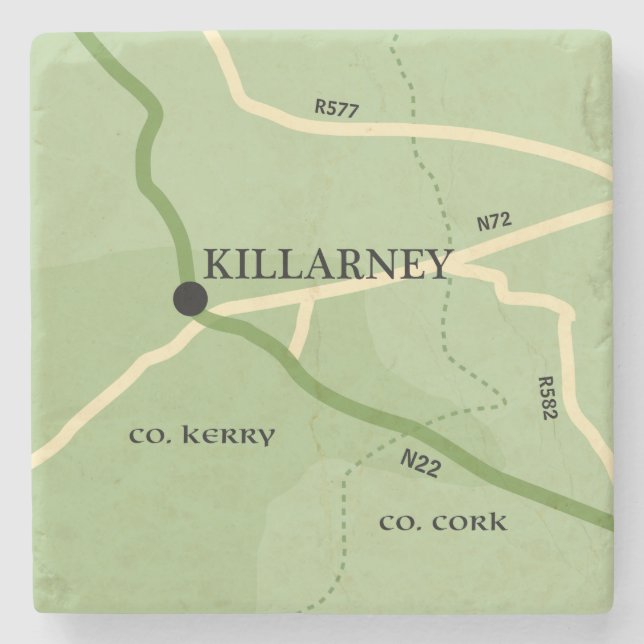 Killarney County Kerry Ireland Road Map Stone Coaster (Front)
