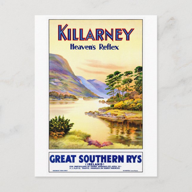 Killarney Ireland Vintage Travel Poster Restored Postcard (Front)