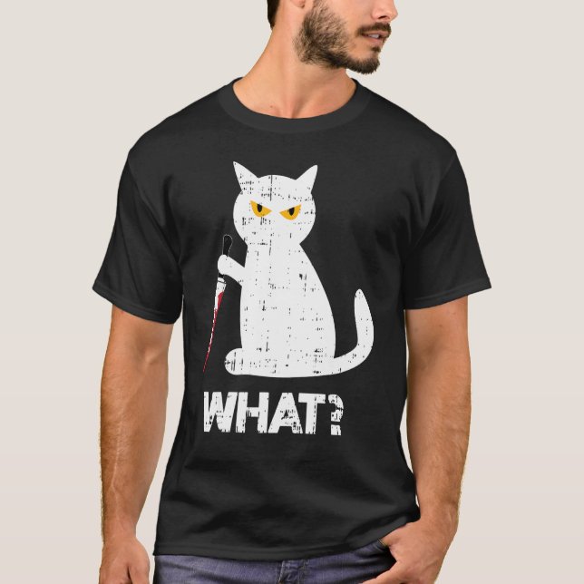 Killer Cat Bloody Knife Costume Funny Animal Hallo T-Shirt (Front)