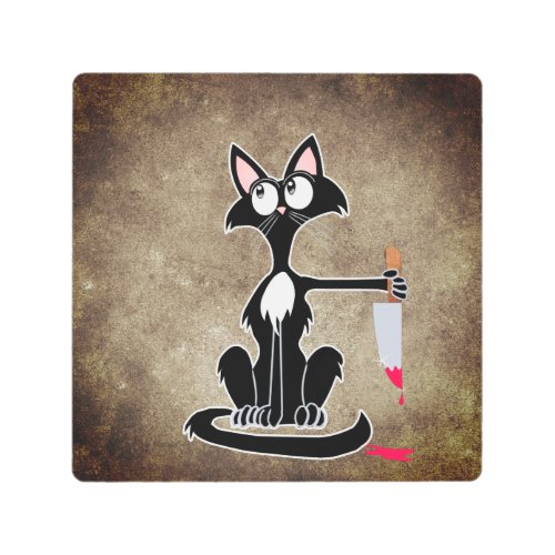 Killer cat with a bloody knife metal print