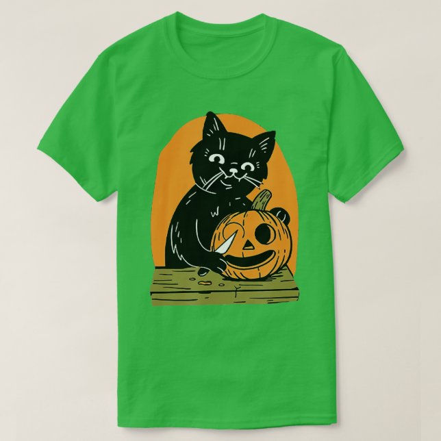 Killer Halloween Scary Black Cat With Knife Pumpki T-Shirt (Design Front)