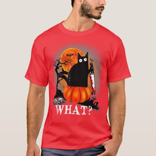 Killer Halloween Scary Moon Black Cat With Knife P T_Shirt