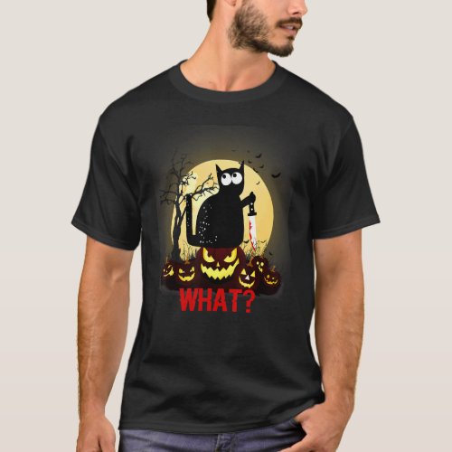 Killer Halloween Scary Moon Black Cat With Knife P T_Shirt