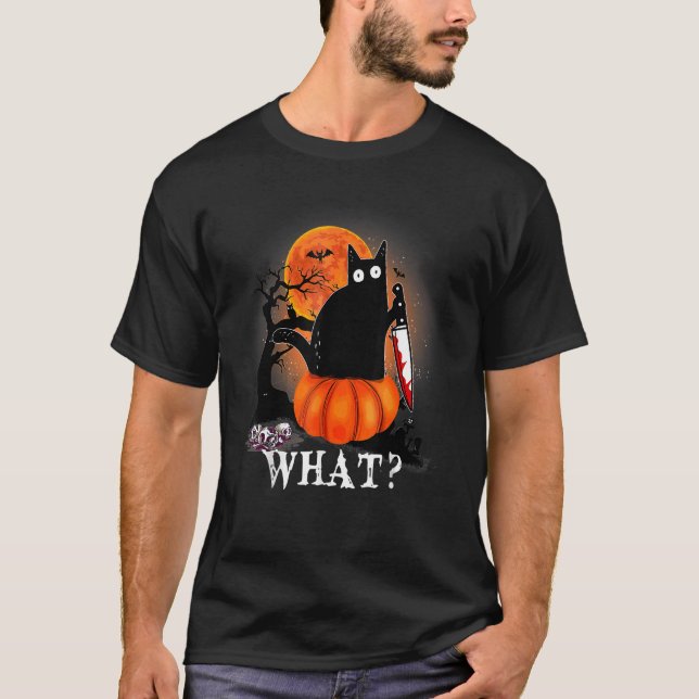 Killer Halloween Scary Moon Black Cat With Knife P T-Shirt (Front)