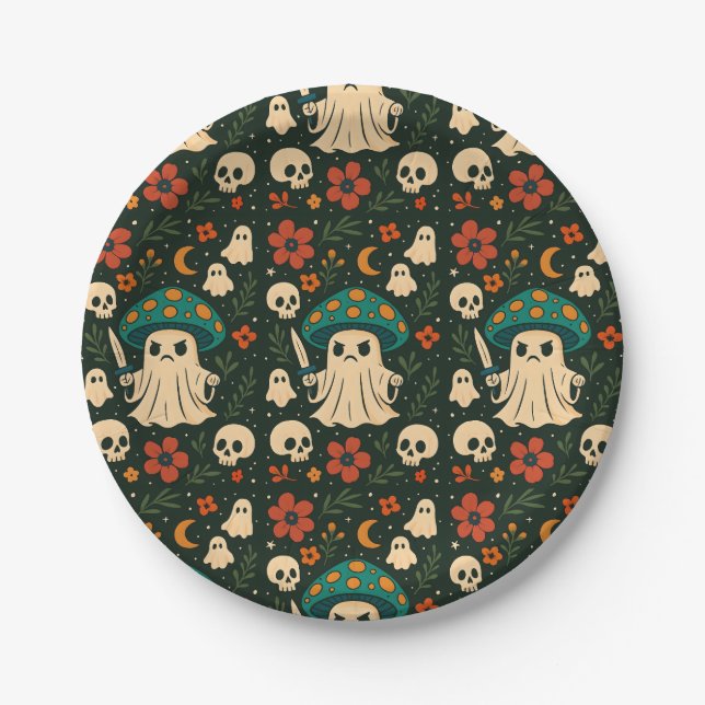 Killer Shrooms-Skull & Flowers Pattern Paper Plates (Front)