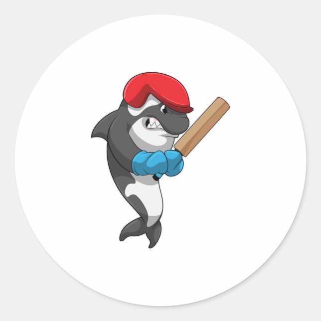 Killer whale at Cricket with Cricket bat Classic Round Sticker (Front)