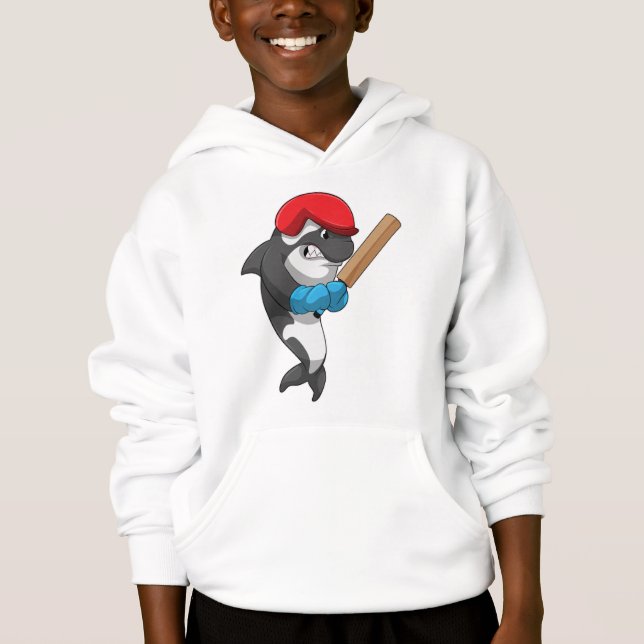 Killer whale at Cricket with Cricket bat Hoodie (Front)