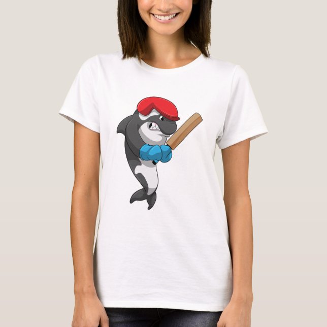 Killer whale at Cricket with Cricket bat T-Shirt (Front)