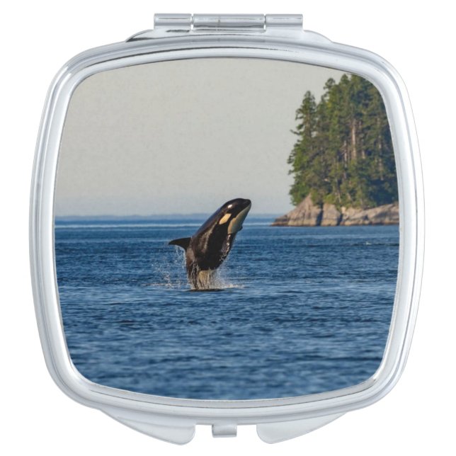 Killer Whale Breaching out of Ocean Water Compact Mirror (Front)