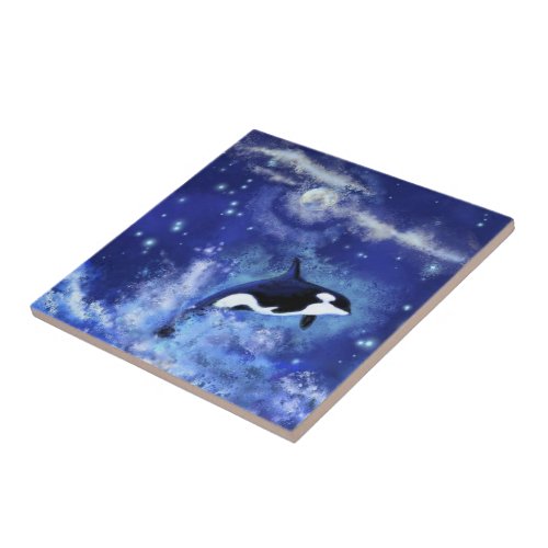 Killer Whale Ceramic Tile on Full Moon Blue Night
