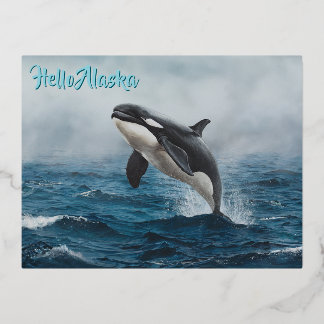 Killer Whale Jumping in Wild Ocean Orca Breaching Foil Holiday Postcard