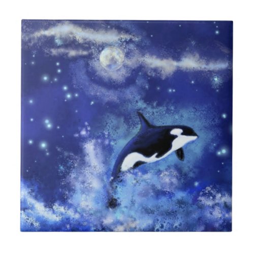 Killer Whale on Blue Full Moon Ceramic Tile