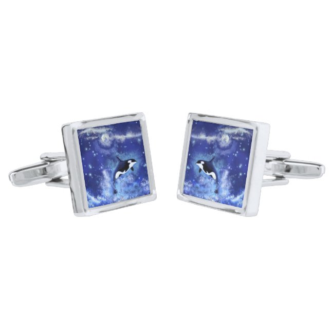 Killer Whale on Blue Full Moon Cufflinks (Angled)