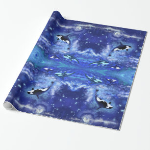 Killer Whale on Blue Full Moon Wrapping Paper