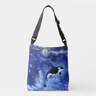 Killer Whale on Full Moon - Art Drawing Blue Crossbody Bag