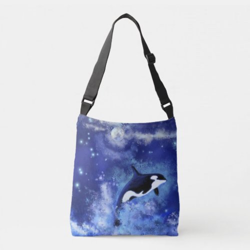 Killer Whale on Full Moon _ Art Drawing Blue Crossbody Bag