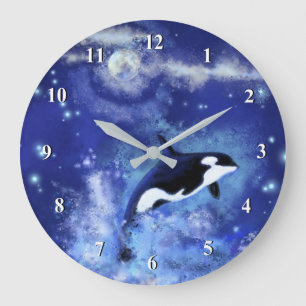 Killer Whale on Full Moon - Art Drawing Blue Large Clock