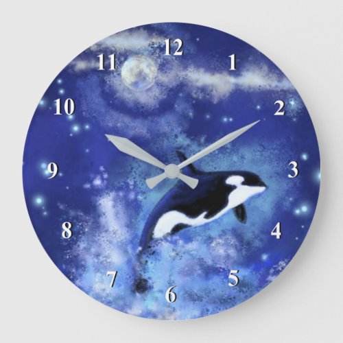 Killer Whale on Full Moon _ Art Drawing Blue Large Clock