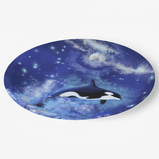 Killer Whale on Full Moon - Art Drawing - Blue Paper Plates (Angled)
