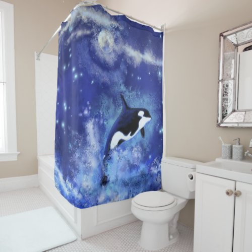 Killer Whale on Full Moon _ Art Drawing _ Blue Shower Curtain