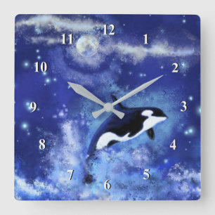 Killer Whale on Full Moon - Art Drawing - Blue Square Wall Clock
