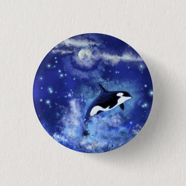 Killer Whale on Full Moon - Art Drawing Button (Front)