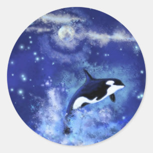 Killer Whale on Full Moon - Art Drawing Classic Round Sticker