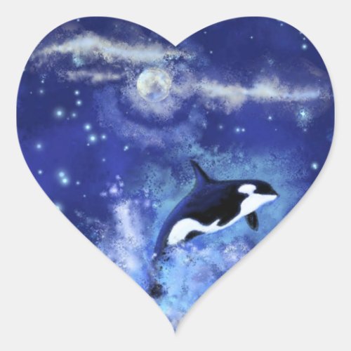 Killer Whale on Full Moon _ Art Drawing Heart Sticker