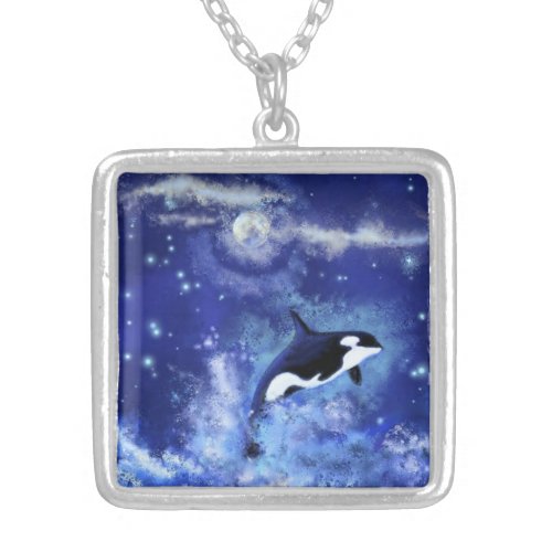 Killer Whale on Full Moon _ Art Drawing Silver Plated Necklace