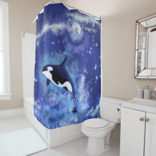 Killer Whale on Full Moon Blue Shower Curtain