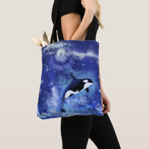 Killer Whale on Full Moon Blue Tote Bag