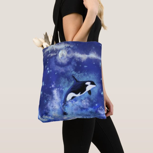 Killer Whale on Full Moon Blue Tote Bag (Close Up)
