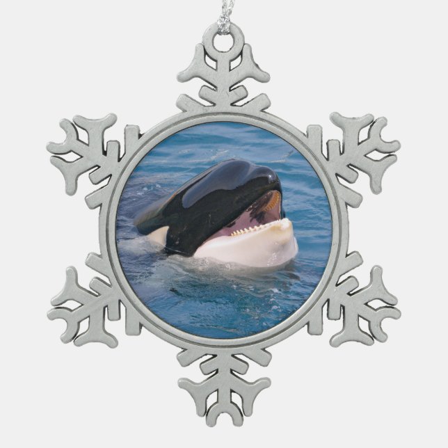 Killer whale swimming snowflake pewter christmas ornament (Front)