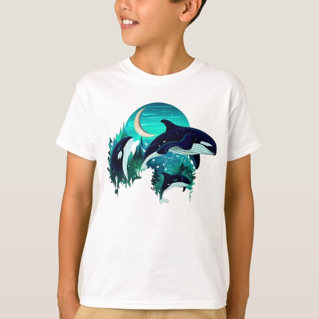  Killer Whales Cool Blue Nature Illustration T-Shirt (Front)