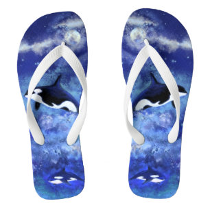 Killer Whales on Blue Full Moon Flip Flops